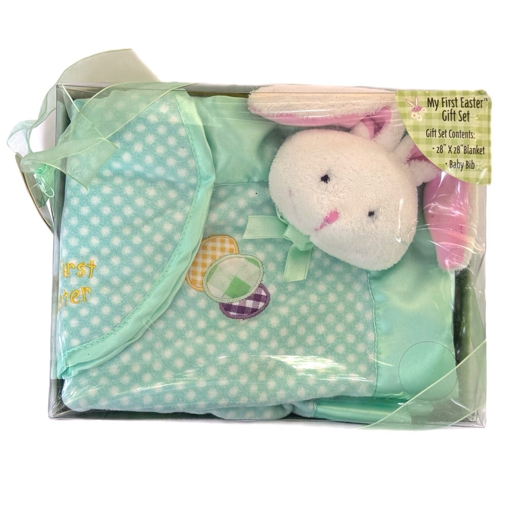 My First Easter Gift Set Mint Green Bunny Plush Security Blanket and Bib New old